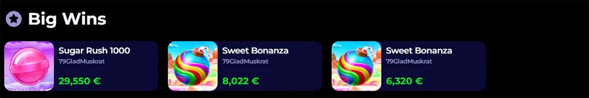 “Big Wins” section showing recent payouts: Sugar Rush 1000 (€29,550) and two Sweet Bonanza wins (€8,022 and €6,320) by the user 79GladMuskrat.