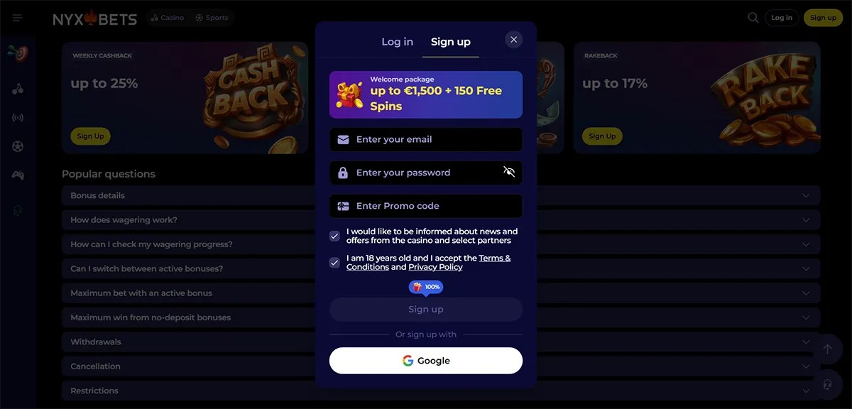 NyxBets casino page with a dark “Sign up” pop-up offering a welcome package (up to €1,500 + 150 free spins), showing email/password and promo code fields, consent checkboxes, and a Google sign-up button over a blurred FAQ/bonuses background.